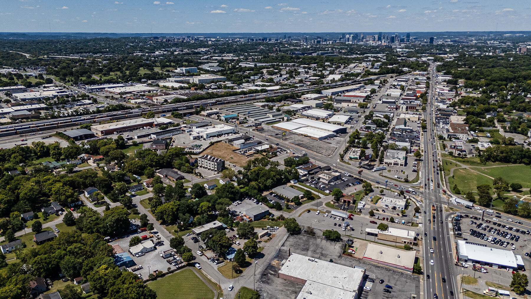 A photo over Nashville with the downtown skyline in the distance